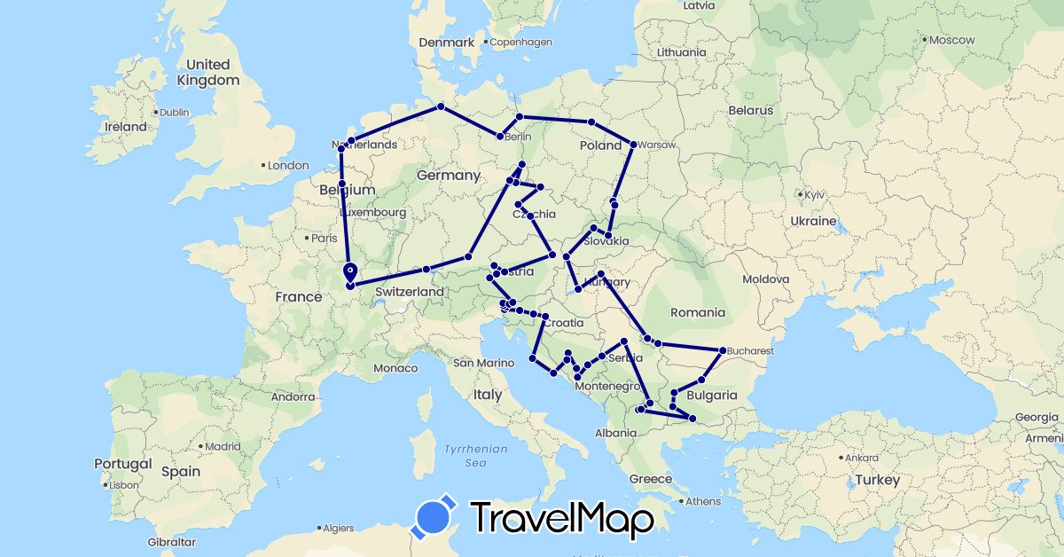TravelMap itinerary: driving in Austria, Bosnia and Herzegovina, Belgium, Bulgaria, Czech Republic, Germany, France, Croatia, Hungary, Macedonia, Netherlands, Poland, Romania, Serbia, Slovenia, Slovakia (Europe)